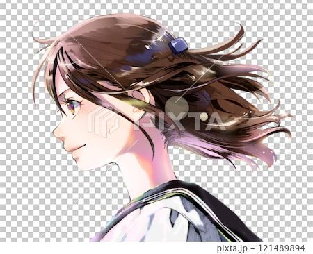 女學生側面的彩色插圖（直到頭頂），無背景 121489894