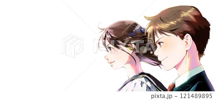 横顔の学生カラーイラスト（頭頂部まであり）、背景なし、横並び男手前 121489895