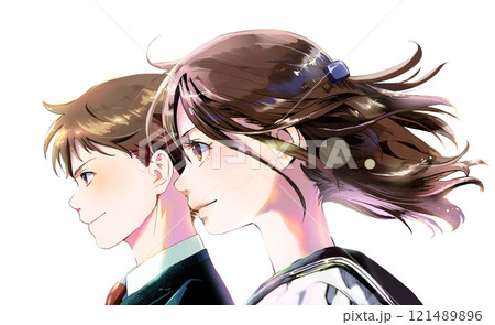 横顔の学生カラーイラスト(頭頂部まであり)、背景なし、横並び女子手前 横顔の学生カラーイラスト(頭頂部まであり)、背景なし、横並び女子手前 121489896