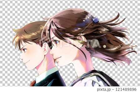 Color illustration of students in profile (including the top of the head), no background, standing side by side with girls in front 121489896