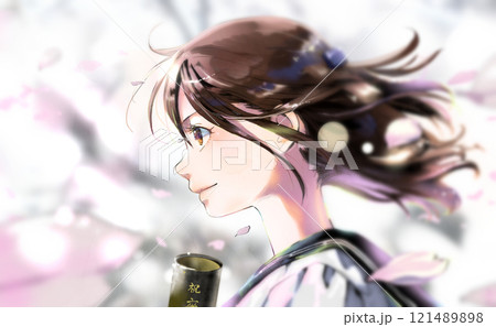 横顔の学生カラーイラスト（頭頂部まであり）、背景桜、卒業証書あり 121489898