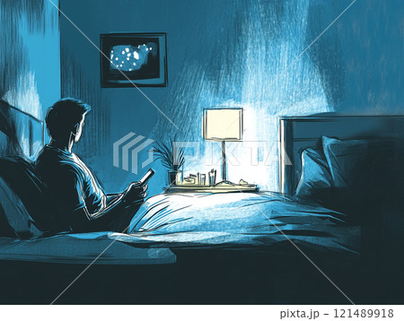 暗い部屋でスマホを見る男性 121489918