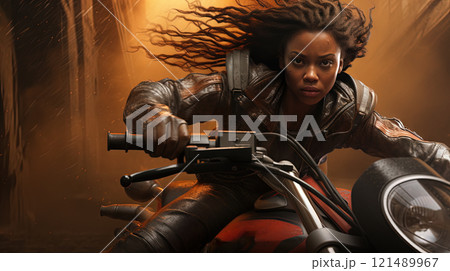 Action shot with black woman on the bike riding away from fire and explosion. Dynamic scene in action movie blockbuster style. Generated AI. 121489967