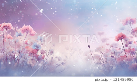 Abstract blurred background with flowers in the cold garden. Generated AI. 121489986
