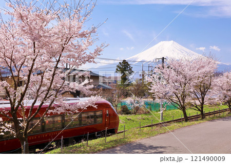 山梨県 春の桜並木と富士急行 そして富士山 山梨県 春の桜並木と富士急行 そして富士山 121490009