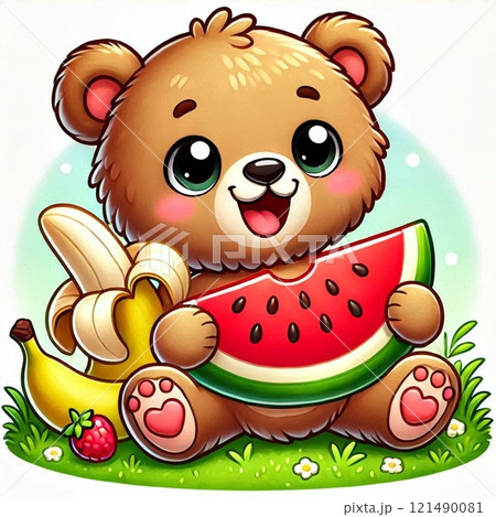 スイカを食べるクマの子供 121490081
