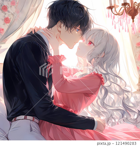 キスをする若い男女。アルビノの少女と碧眼の青年の恋。アニメ風のAIイラスト 121490283