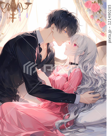 キスをする若い男女。アルビノの少女と碧眼の青年の恋。アニメ風のAIイラスト 121490285