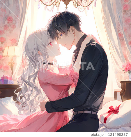 キスをする若い男女。アルビノの少女と碧眼の青年の恋。アニメ風のAIイラスト 121490287