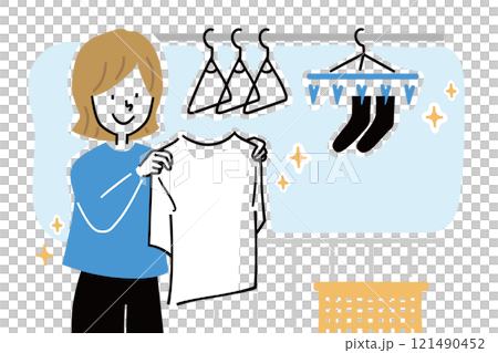 ベランダで洗濯物を干す女性のイラスト 121490452