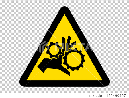 Illustration of rotating objects, be careful not to get pinched, warning sign, pictogram 121490467