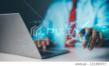 Business process validation automation concept, Service guarantee, quality assurance management, Certification, Digital transformation. businessman touching checked icon on virtual screen. Business process validation automation concept, Service guarantee, quality assurance management, Certification, Digital transformation. businessman touching checked icon on virtual screen. 121490557