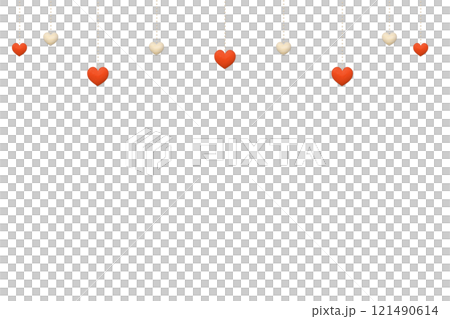 A background of hanging red and white heart ornaments with a three-dimensional wood grain pattern 121490614