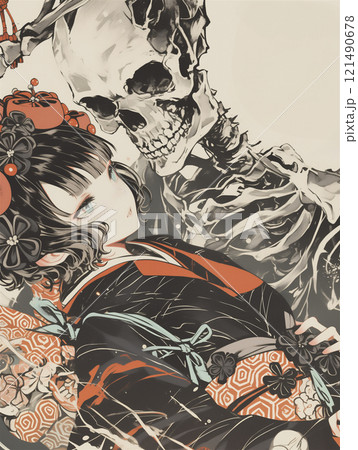 骸骨と女性の鉛筆画（フレーム付き） 骸骨の恋人と仲睦まじい女性のイラスト素材 [121490678] - PIXTA