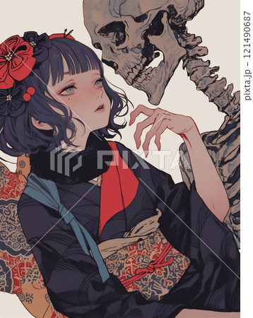 骸骨の恋人と仲睦まじい女性 121490687