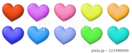 カラフルな木製の立体的に膨らんだ丸いハートの素材セット 121490690