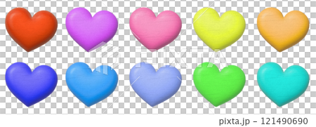 カラフルな木製の立体的に膨らんだ丸いハートの素材セット 121490690