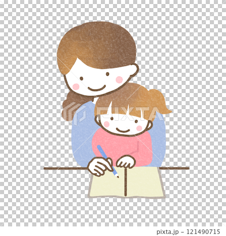 勉強する子供と見守る母親 121490715