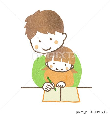 勉強する子供と見守る父親 勉強する子供と見守る父親 121490717