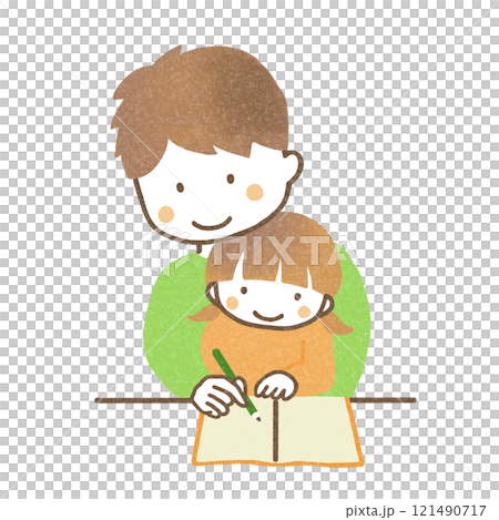 勉強する子供と見守る父親 勉強する子供と見守る父親 121490717