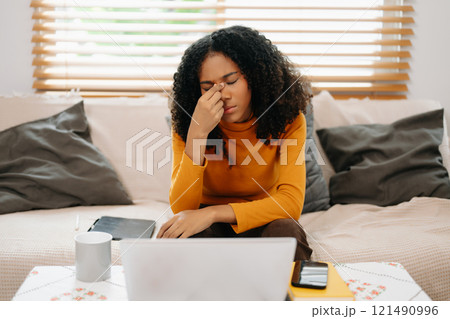 woman sit Depression Dark haired  pensive glance Standing by window and anxiety Copy space. 121490996