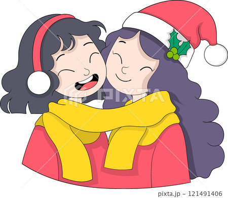 Two Cheerful Girls Wearing Winter Accessories Sharing Festive Laughter 121491406