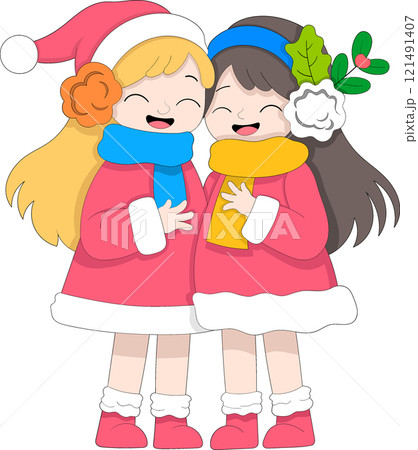 Two Happy Girls in Festive Winter Clothing Sharing Joyful Moments Together 121491407