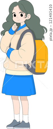 Young Girl in Casual Winter Outfit with a Backpack Smiling Thoughtfully 121491410