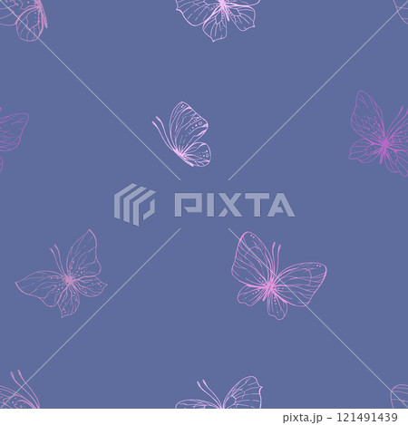 Butterflies are pink, blue, lilac, flying, delicate line art, clip art. Graphic illustration hand drawn in pink, lilac ink. Seamless pattern on a lilac background EPS vector. Butterflies are pink, blue, lilac, flying, delicate line art, clip art. Graphic illustration hand drawn in pink, lilac ink. Seamless pattern on a lilac background EPS vector. 121491439