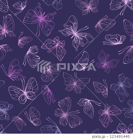 Butterflies are pink, blue, lilac, flying, delicate line art, clip art. Graphic illustration hand drawn in pink, lilac ink. Seamless pattern on a dark purple background EPS vector. 121491440