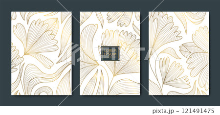 Vector set of art deco line flowers, vintage gold on white ornament. Wedding, greeting asian style cards, royal covers, luxury elements 121491475