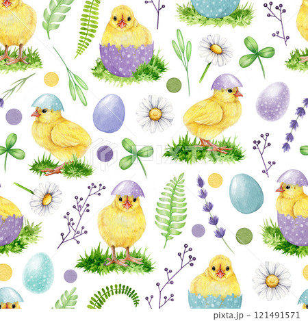 Easter mood seamless pattern with adorable chicks, painted eggs, daisies, lavender and spring elements. Painted vintage style illustration. Perfect for Easter decor, spring crafts and festive designs 121491571