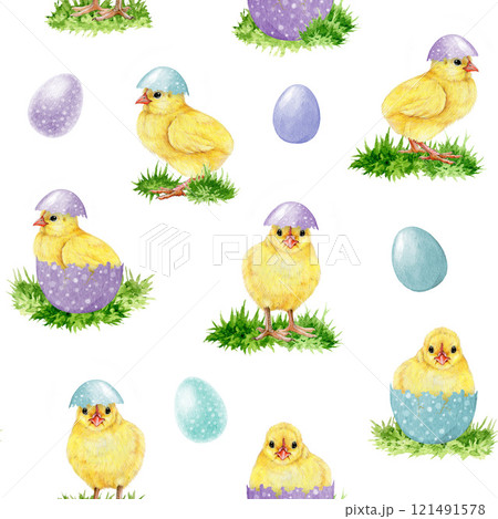 Easter mood seamless pattern from adorable yellow chicks with pastel color painted eggs on white background. Hand drawn vintage style illustration. Perfect for Easter festive decor and spring crafts Easter mood seamless pattern from adorable yellow chicks with pastel color painted eggs on white background. Hand drawn vintage style illustration. Perfect for Easter festive decor and spring crafts 121491578