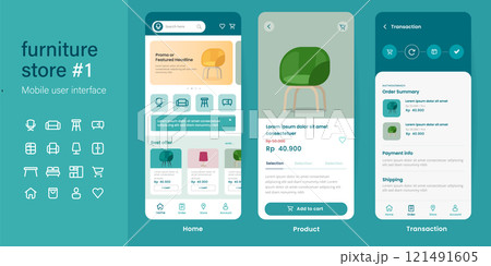 Mobile app user interface UI kit UX of furniture shop online store e-commerce website layout smartphone mockup in vector 121491605