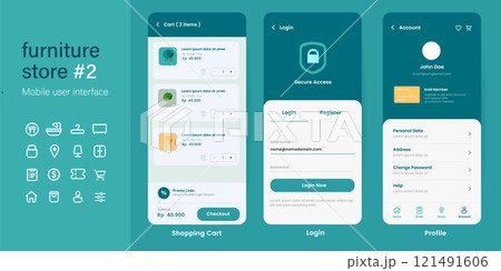 UI user interface mobile app design layout interface of furniture online store e-commerce from login shopping cart to account profile page 121491606