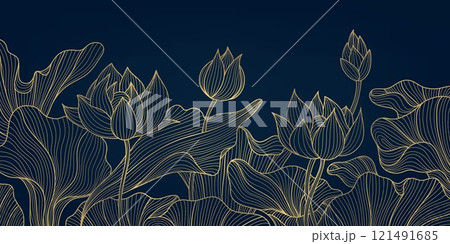 Vector line gold lotus flowers background, floral luxury nature illustration. Asian botanical drawing, oriental graphic. 121491685