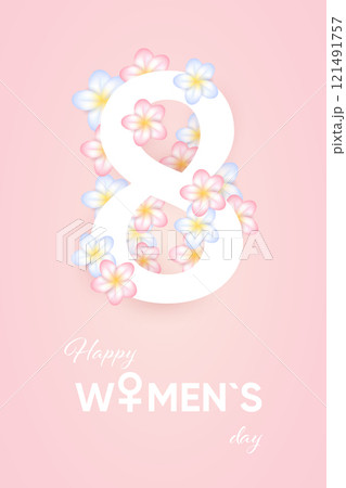 March 8, greeting card, 3d delicate flowers, international womens day. 121491757