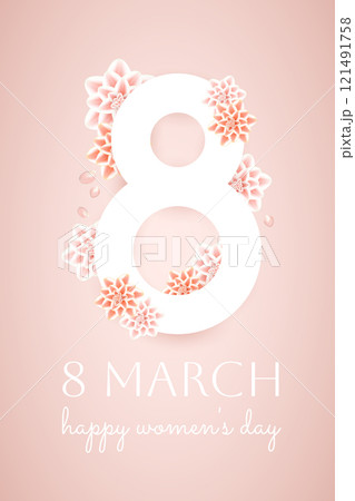 March 8, postcard, 3d flowers, international womens day. 121491758