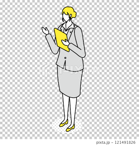 Isometric illustration of a woman in a suit holding a binder 121491826