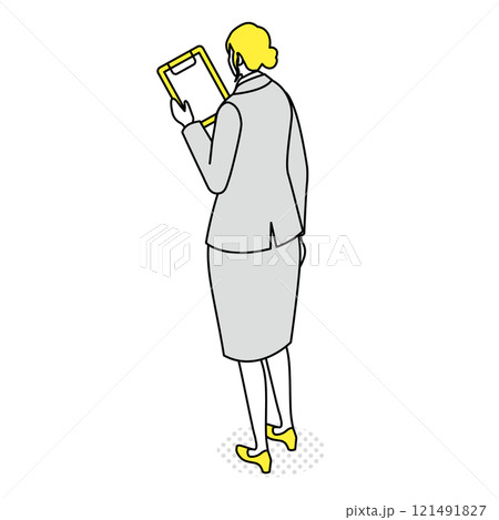 アイソメトリック_スーツ姿でバインダーを持っている女性の後ろ姿のイラスト 121491827