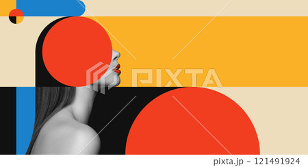 Side view portrait of beautiful woman with head covered with red circle against background with colorful geometric shapes. Contemporary art collage. Side view portrait of beautiful woman with head covered with red circle against background with colorful geometric shapes. Contemporary art collage. 121491924