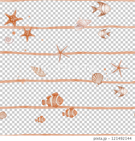 Watercolor seamless Pattern with Undersea animals and sea shell on striped background for kid. Nautical background with childish fish and starfish for baby textile or nursery wallpaper in pastel color Watercolor seamless Pattern with Undersea animals and sea shell on striped background for kid. Nautical background with childish fish and starfish for baby textile or nursery wallpaper in pastel color 121492144