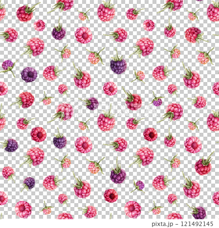 Watercolor seamless pattern with Raspberries and blackberries. Hand drawing illustration red and violet berries. Graphic design element isolated on white background. 121492145