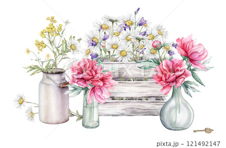 Watercolor bouquet of white blossom flowers chamomile and bluebell in wooden box and bouquet tansy in metal can. Flowers peonies in glass vases with key. Hand drawn illustration isolated on background 121492147