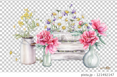 Watercolor bouquet of white blossom flowers chamomile and bluebell in wooden box and bouquet tansy in metal can. Flowers peonies in glass vases with key. Hand drawn illustration isolated on background Watercolor bouquet of white blossom flowers chamomile and bluebell in wooden box and bouquet tansy in metal can. Flowers peonies in glass vases with key. Hand drawn illustration isolated on background 121492147