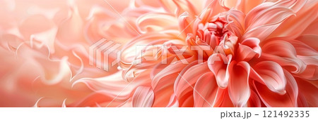A serene background of peach fuzz with the petals of a live flower in soft focus, set against a warm beige tone. 121492335