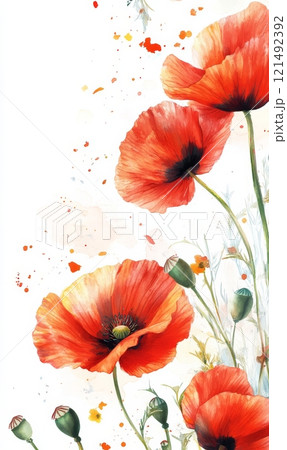 Abstract red painted poppy flowers on white background. Lest we forget. Remembrance day or Anzac day symbol. With copyspace for your text. 121492392