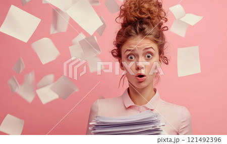 Surprised woman with big stack of paper documents, workload overtime concept Surprised woman with big stack of paper documents, workload overtime concept 121492396