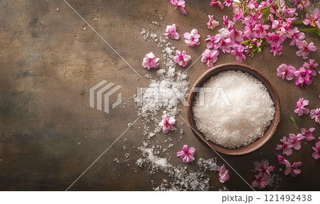 Salt scrub in bowl with flowers decoration on rustic background, cosmetic and spa concept 121492438