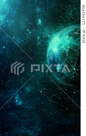 Globe with global connection lines and lights. Worldwide technology concept. 121492456
